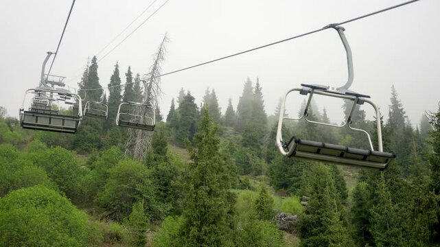 Point of view shot from a chairlift moving through a foggy pine forest in wet summer weather.