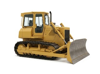 Obraz premium A yellow bulldozer with a large blade is parked on a flat surface.