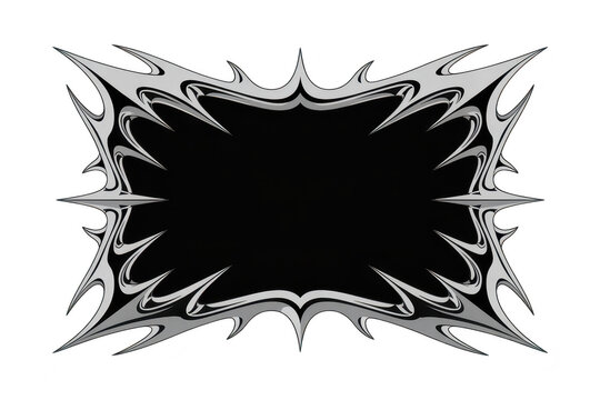 A decorative rectangular frame with sharp, aggressive, and jagged tribal style spikes in a metallic silver finish isolated on a black background