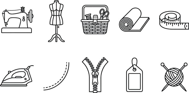 Sewing and fashion design line icon vector illustration set featuring black contour sewing machine mannequin basket cloth roll tape measure iron and zipper.