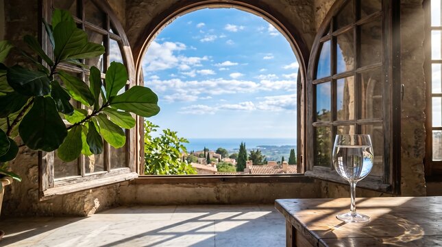 View through an arched window overlooking a Mediterranean village
