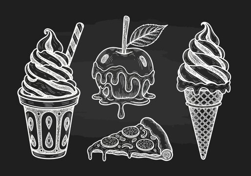 Vintage Chalkboard Food Illustration Set with Soft Serve Ice Cream, Caramel Apple, and Pepperoni Pizza Slice Hand Drawn on Black Background