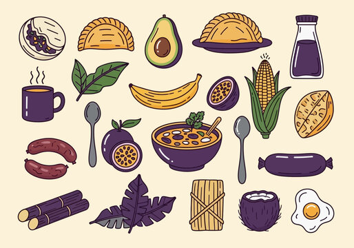 Traditional Colombian and Latin American Food Illustration Set - Vector Icons of Arepa, Empanada, Avocado, Coffee, and Tropical Fruits