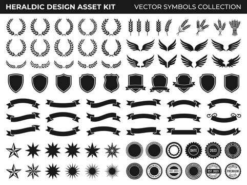 Heraldic Design Asset Kit Vector Symbols Collection: Shields, Laurel Wreaths, Ribbons, Wings, Stars, and Vintage Seal Badges for Logo Design and Branding