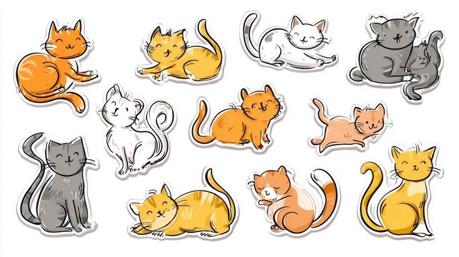 100.Cartoon cat illustration set featuring playful kittens and adult cats in multiple poses, flat vector style, clean outlines, sticker and label design concept
