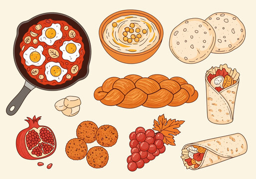 Middle Eastern Food Illustration Set with Shakshuka Hummus Falafel and Challah Bread
