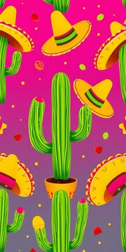 Colorful seamless taco design with playful sombreros and cactus, seamless, sombreros