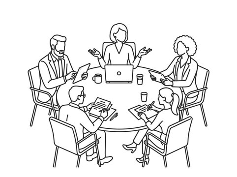 Business Team Meeting Around Round Table Line Art Illustration - Diverse Professionals Collaborating, Brainstorming and Discussing Strategy in Office Sketch
