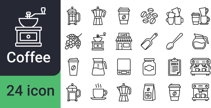 A collection of hand-drawn icons representing various coffee-related items and processes.