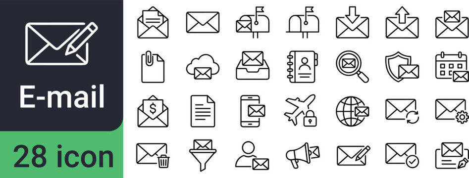 A collection of line art icons representing various aspects of email communication and messaging.