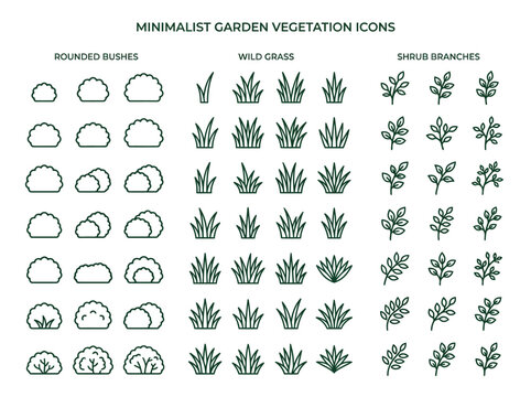 Minimalist Garden Vegetation Icon Set: Rounded Bushes, Wild Grass, and Shrub Branches Line Art Vector for Landscape Architecture