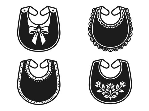 Set of Decorative Baby Bib Vector Icons, Minimalist Newborn Bib Silhouettes with Bow, Lace, and Floral Patterns for Nursery and Parenting Graphics