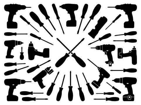 Hand and Power Tool Silhouettes Set featuring Cordless Drills and Screwdrivers - Industrial Equipment Design Elements