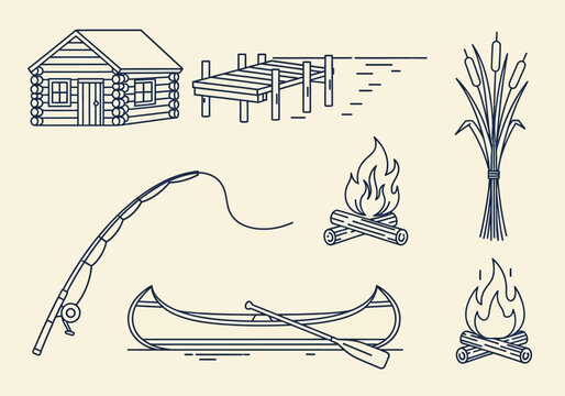 Camping and Fishing Line Art Icons Set with Log Cabin, Canoe, Campfire, Fishing Rod, and Dock. Minimalist Outdoor Adventure Vector Illustrations for Nature Design