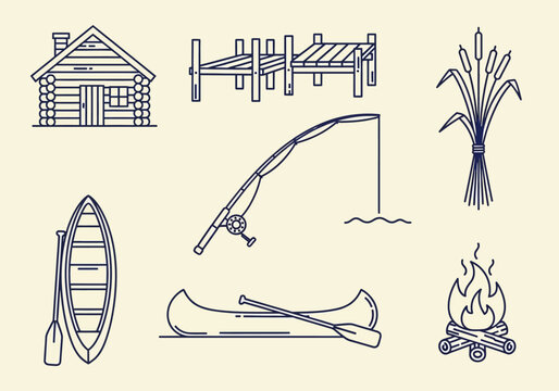 Minimalist Outdoor Adventure Icon Set Featuring Log Cabin, Canoe, Fishing Rod, and Campfire in Clean Line Art Style