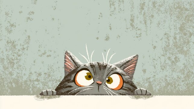 71.Cartoon gray tabby cat with grumpy face peeking over surface, flat design, clean outlines, friendly illustration style