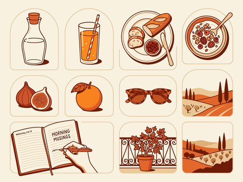 Mediterranean Morning Lifestyle Illustration Set - Minimalist Icons for Breakfast, Travel, and Wellness
