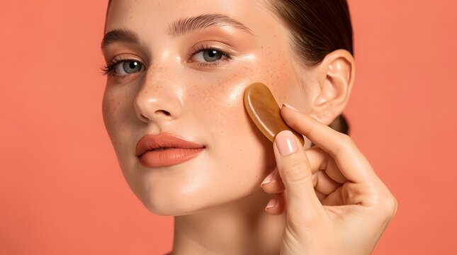 Woman applies glowing makeup primer to her cheek using a soft cosmetic sponge applicator.