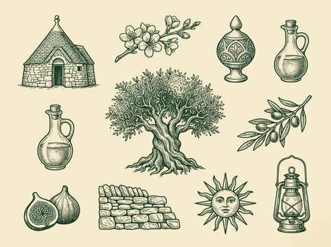 Vintage Mediterranean Puglia Culture Illustration Set with Trullo, Olive Tree, Olive Oil Carafes, Figs, and Traditional Italian Symbols in Engraving Style