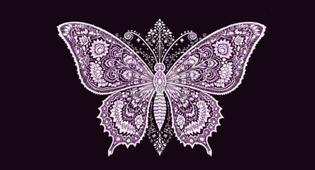 Intricate purple butterfly with ornate, lace-like patterns on a dark background, resembling a decorative motif. © Stasya