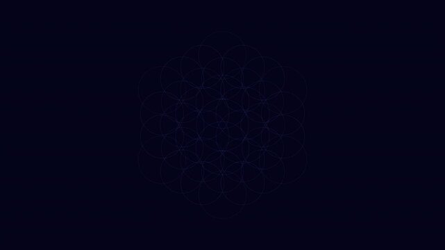 Abstract 4K UHD loop featuring a glowing deep indigo flower of life sacred-geometry pattern breathing in radial symmetry with cinematic depth. Ideal for chakra activation, trance. 4K UHD.