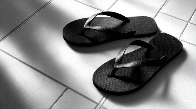 Black flip flops on a white tiled floor.