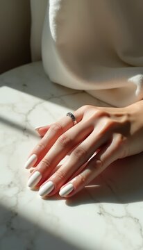 Elegant female hand with white nails rests on marble surface. A delicate ring adorns a finger, catching sunlight and casting shadows. Clean, sophisticated beauty detail.