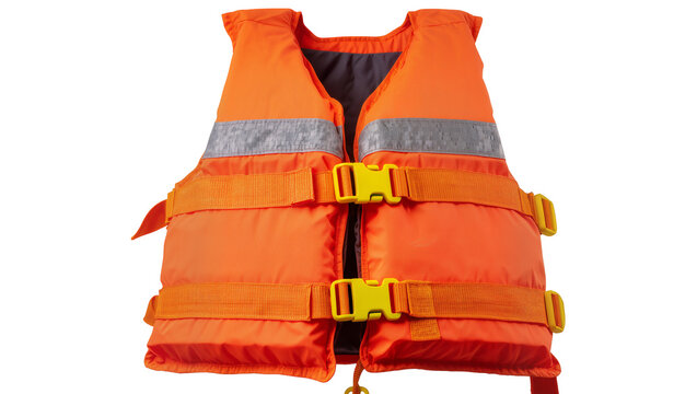 Orange life vest with yellow buckles and reflective stripes