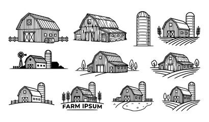Farm buildings and barns line drawing set © Mstshneha