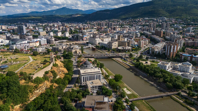 Aerial cityscape drone of Skopje city center North Macedoania Capital city