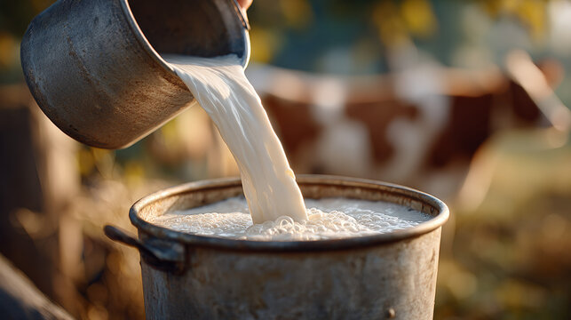 Milk pouring into metal bucket on farm outdoors morning