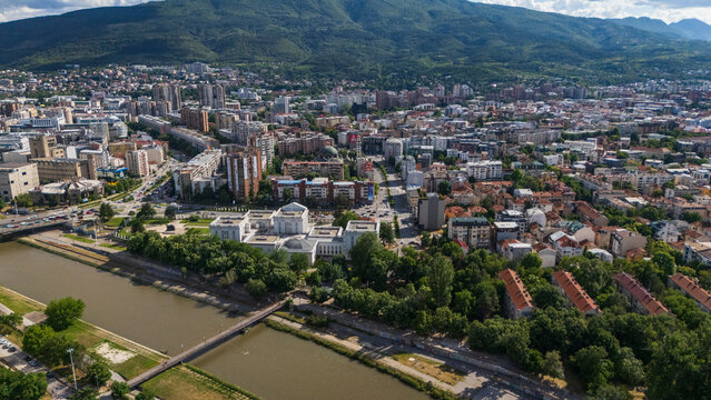 Aerial cityscape drone of Skopje city center North Macedoania Capital city