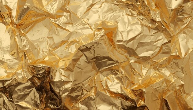 Abstract crumpled gold foil texture background shiny wrinkled metallic golden paper surface