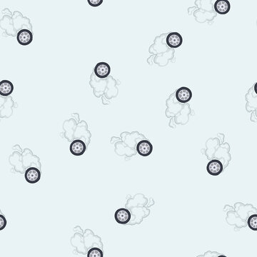 pattern vehicle wheel spinning fast, creating white smoke from frictional heat, illustrating concepts of speed, power, acceleration, and adrenaline in a graphic design style