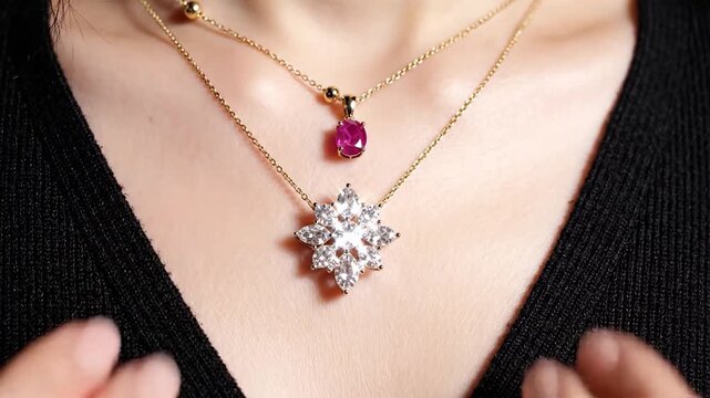 Close up of a woman wearing layered gold necklaces with a red ruby pendant and a diamond flower pendant