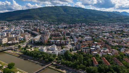 Fototapeta premium Aerial cityscape drone of Skopje city center North Macedoania Capital city