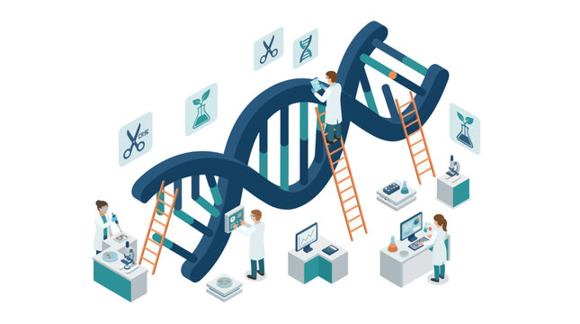 Scientists working on a giant DNA helix, genetic engineering and gene editing concept, isometric illustration.