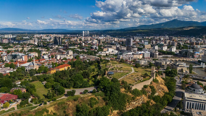 Fototapeta premium Aerial cityscape drone of Skopje city center North Macedoania Capital city