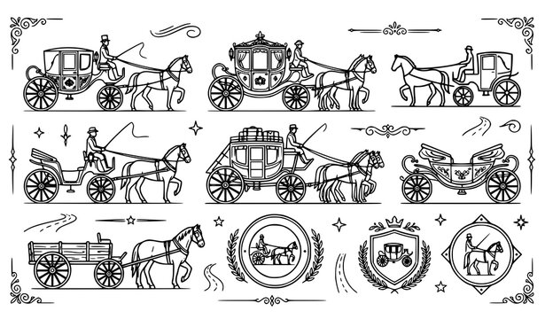 Vintage horse drawn carriages and cabs line drawings