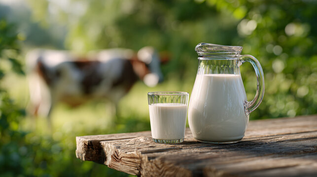 Glass and jug of milk on wooden table with cow in background near sunlit pasture