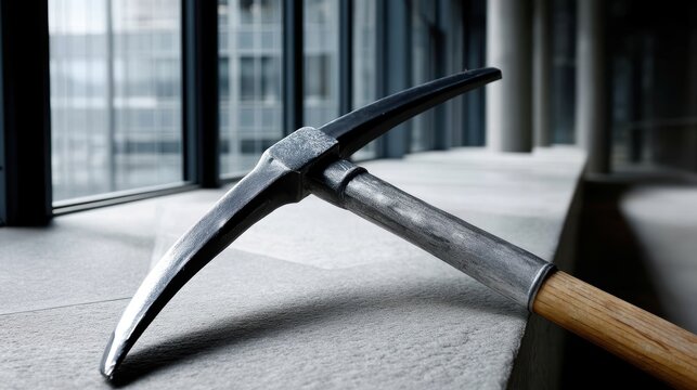 A black pickaxe with a wooden handle rests on a stone ledge.