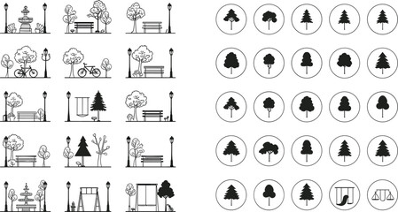 Obraz premium Public City Park and Architecture Icon Set with Line Art Benches, Fountains, Lampposts, and Circular Tree Symbols for Map Layouts and Urban Designs