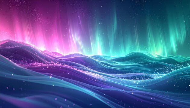 地平線から湧き上がるオーロラの光と粒子 / Aurora lights and particles rising from the horizon (Generative AI)