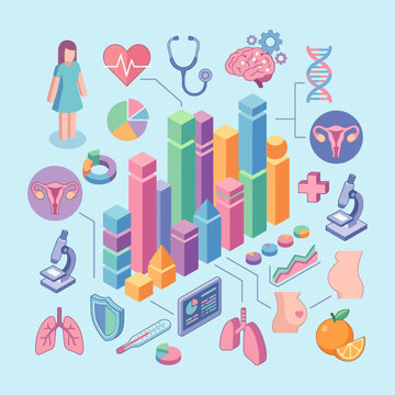 Isometric medical data visualization with various health icons