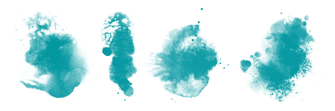 Set of abstract green watercolor splash on transparent background. Texture ink paint brush stains. Turquoise splatters spot. Watercolour pastel splash ccollection