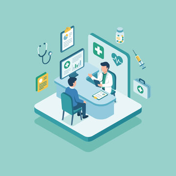 Isometric illustration of a doctor consulting a patient