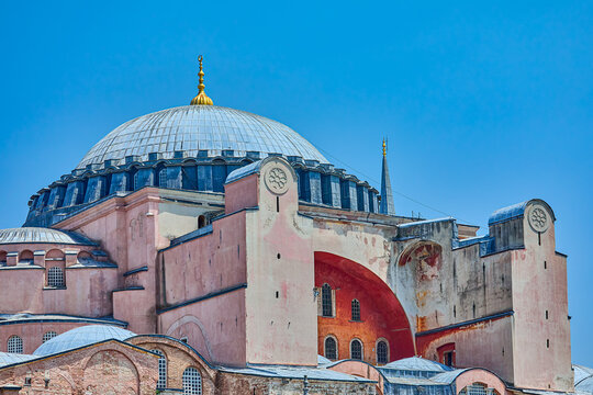Exterior View of the Holy Hagia Sophia Grand Mosque on a sunny day in Fatih district of Istanbul, once a church, then a mosque, a museum, and now a mosque again, Istanbul, Turkey, Eastern Europe