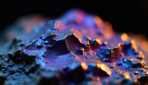 Close view of iridescent bornite mineral. Deep purple blue mineral shows metallic luster and textured surface. Dark background highlights colorful mineral texture.