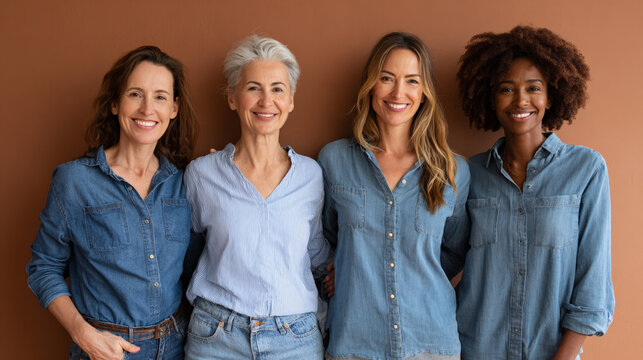 Group of four women standing together against brown backdrop