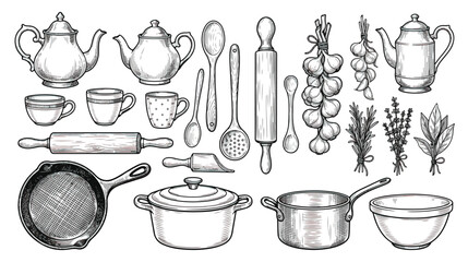 Vintage kitchenware vector set, hand drawn kitchen utensils and cookware icons, rustic culinary tools and herbs in engraving style © Dream Time Studio